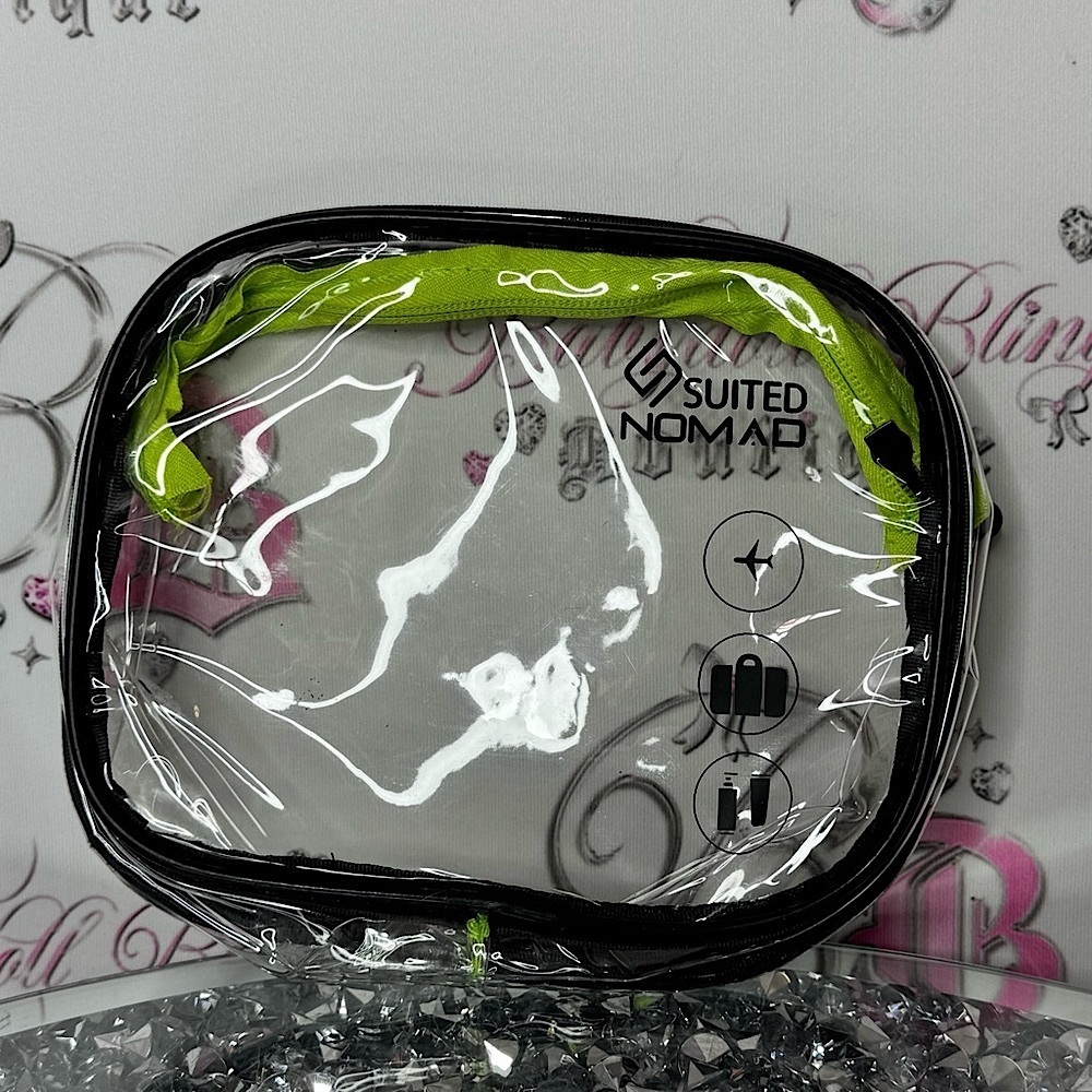 Suited nomad bag clear travel zip up pouch plastic black green
